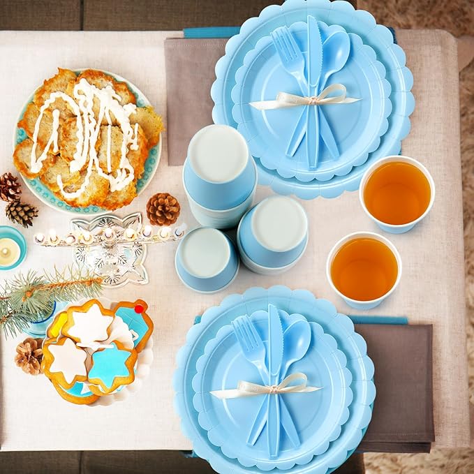Ziliny 350 Pcs Baby Blue Plates and Napkins, 50 Guest Spring Party Supplies Include Scalloped Paper Plates Napkins Cups Plastic Spoons Forks Knives Disposable Tableware Set for Baby Shower