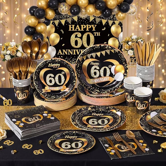 Pickmesh 400 Pcs 60th Wedding Anniversary Decorations Set, Includes 60th Anniversary Paper Plates and Napkins, Cups and Cutlery for Wedding Party Supplies, Serves 50 Guests