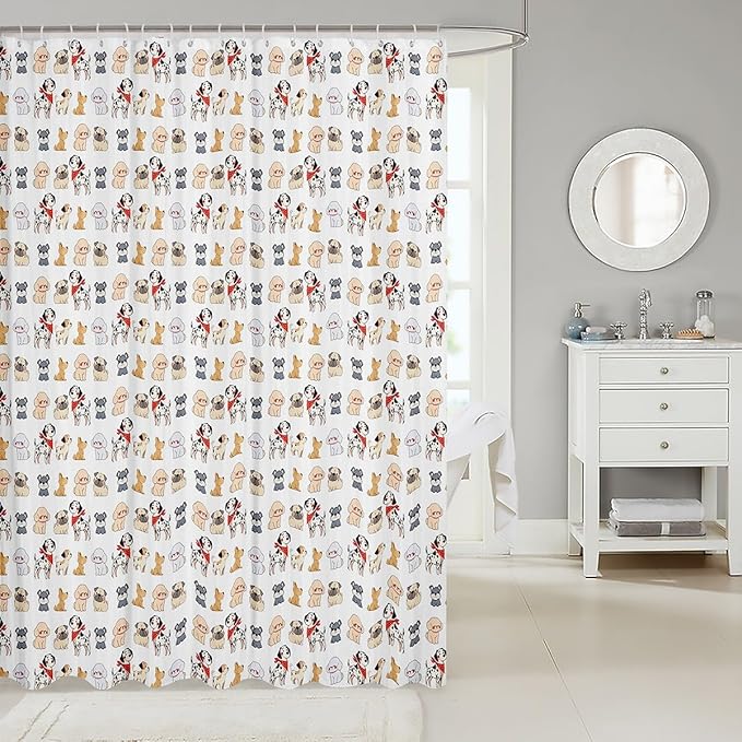 Pup Dog Shower Curtain Set Cartoon Puppy Shower Curtain for Kids Toddler,Cute Sharpei Doggy Bath Curtain Corgi Bulldog Lovely Pet Animal Hanging Curtain Kawaii Room Decor 72"Wx84"L for Dog Lover