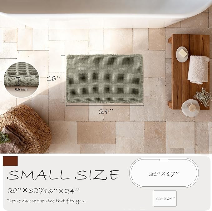 DWCN Olive Green Waffle Bathroom Mat, Boho Bath Rugs Super Absorbent Non Slip Bath Mats for Bathroom Floor, Ultra Soft Farmhouse Shower Mats for Tub and Shower, 16 x 24 Inch