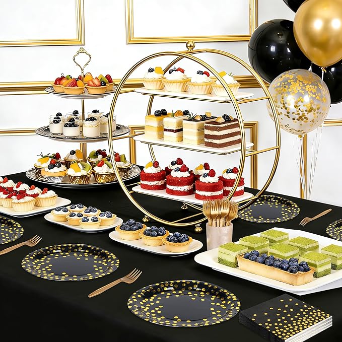 Black and Gold Paper Plates and Napkins Tablecloth Party Supplies,Serves 25 Guests Black Gold Plates and Napkins Tablecloth,Disposable Tableware Set for Birthday Graduation Retirement Decorations