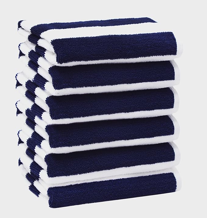 ORIGINAL KIDS Hand Towels - Set of 6 Cabana Stripe 100% Cotton Yarn Dyed Terry Hand Towels - Super Soft Quick Dry Easy Care Absorbent Towels for Bathroom Kitchen Toddlers Children - 16 x 27 - Navy