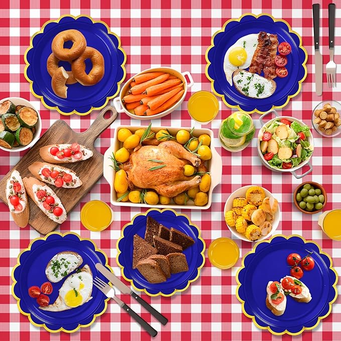 50 Pcs Royal Blue Paper Plates, 25 Pcs 9" and 25 Pcs 7" Disposable Royal Blue Scalloped Plates with Gold Foil for Graduation Wedding Baby Shower Birthday Party Picnic BBQ