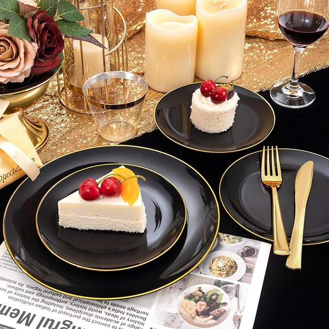 WDF 150PCS Black Plastic Plates - Black and Gold Plates Disposable - 25 Guest Disposable Dinnerware Sets for Party/Wedding/Graduation/Memorial Day