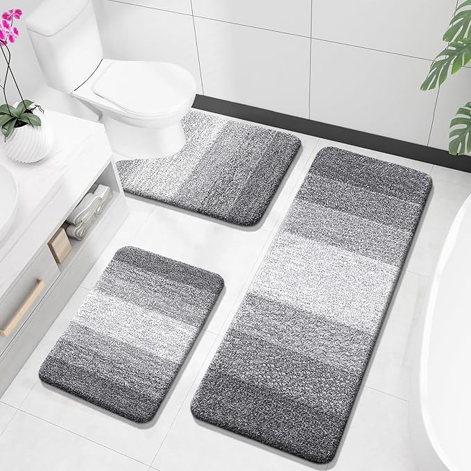 OLANLY Bathroom Rugs Sets 3 Piece, Soft Absorbent Microfiber Bath Mats and U-Shaped Contour Toilet Rug, Plush Shaggy Bath Mat Set for Bathroom (47"x20"+24"x16"+24"x20", Grey)