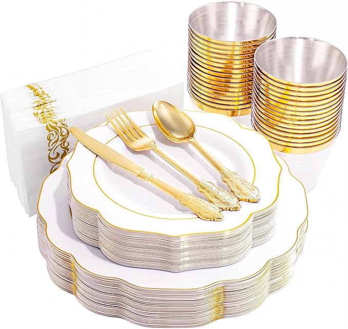 NOCCUR 175PCS Gold Plastic Plates with Disposable Silverware - White Gold Plastic Tableware Include 25 Dinner /25 Dessert Plates, 75 Cutlery, 25 Cups, 25 Napkins - Ideal for Party/Wedding