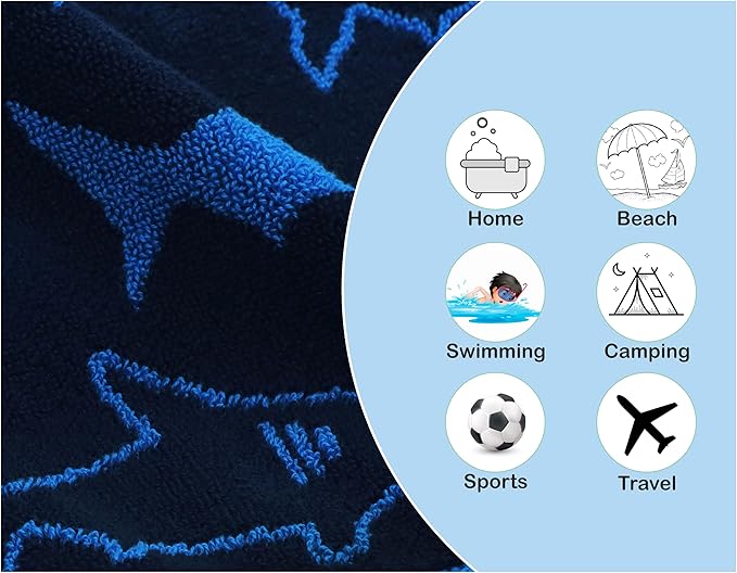 ORIGINAL KIDS 6 Piece Towel Set - Bath Time Shark Attack- 2 Bath Towels, 2 Hand Towels, 2 Washcloths - 100% Cotton Jacquard Soft Absorbent Quick Dry Pool Beach Towel Gift - Navy Blue