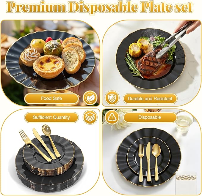 175 Plastic Dinnerware Set Party Supplies Disposable Dinnerware for 25 Guests Include 50 Plastic Plates,25 Silverware Set 25 Cups 25 Napkins Plastic Plates for Graduation Party Wedding（Black and Gold）