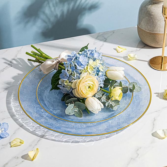 Festiva 60PCS Clear Blue Gold Plastic Plates - Heavy Duty Fancy Disposable Plates With Gold Rim -serve for 30 guests Include Each 30PCS 10.25" & 7.5" Honeycomb Design Plates for Party(Blue)