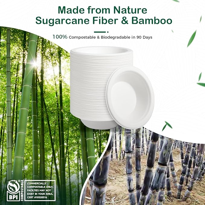 12 oz 128-Pack Compostable Soup Bowls, Disposable Paper Bowls for Soup, Cereal & Oatmeal, Heavy-Duty Bagasse Bowls, Microwave & Freezer Safe, Eco-Friendly (White)
