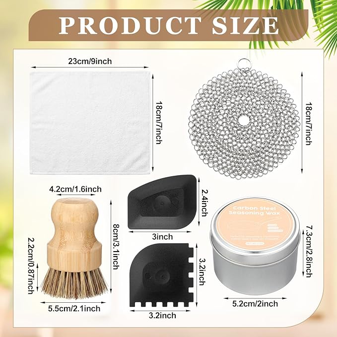 6 Pcs Cast Iron Cleaning Kit Includes Cast Iron Seasoning Wax, Chain Mail Scrubber, Cleaning Brush, Scrapers and Dish Towel Carbon Steel Care Set for Pan Grill Kitchen Supplies