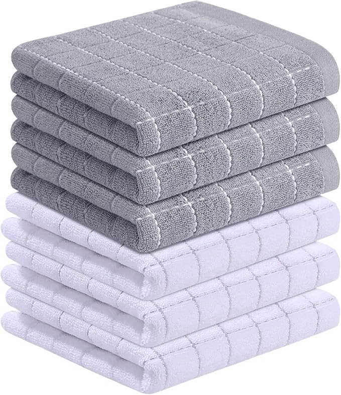 Homaxy 100% Cotton Terry Kitchen Towels(White and Light Grey, 13 x 28 Inches), Checkered Designed, Soft and Super Absorbent Dish Towels, 6 Pack