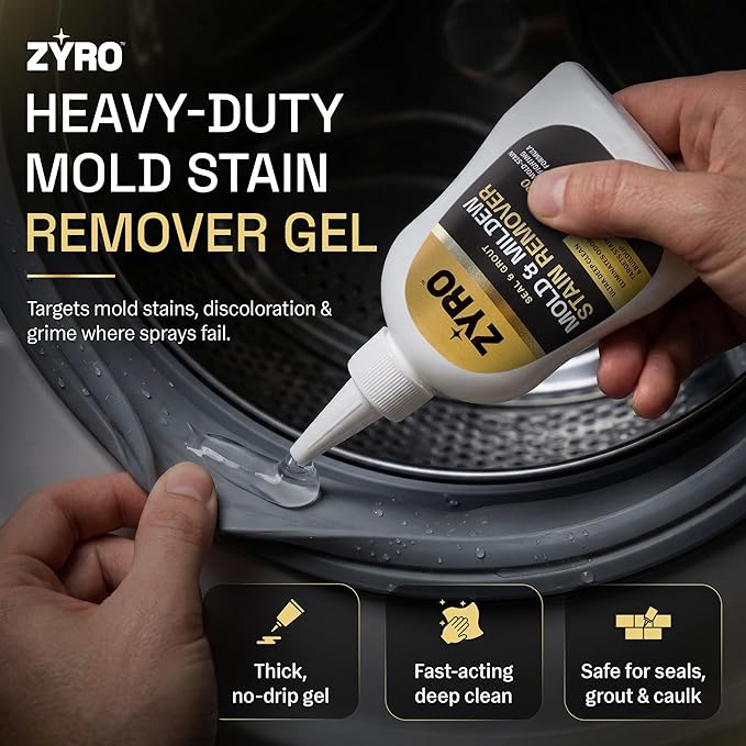Mold Stain Remover Gel | Heavy Duty Mildew Stain Remover | Tile Grout Cleaner | Home Cleaning Gel for Bathroom Grout, Bathtub, Shower, Caulk & Front Loader Washing Machine Seal | Zyro