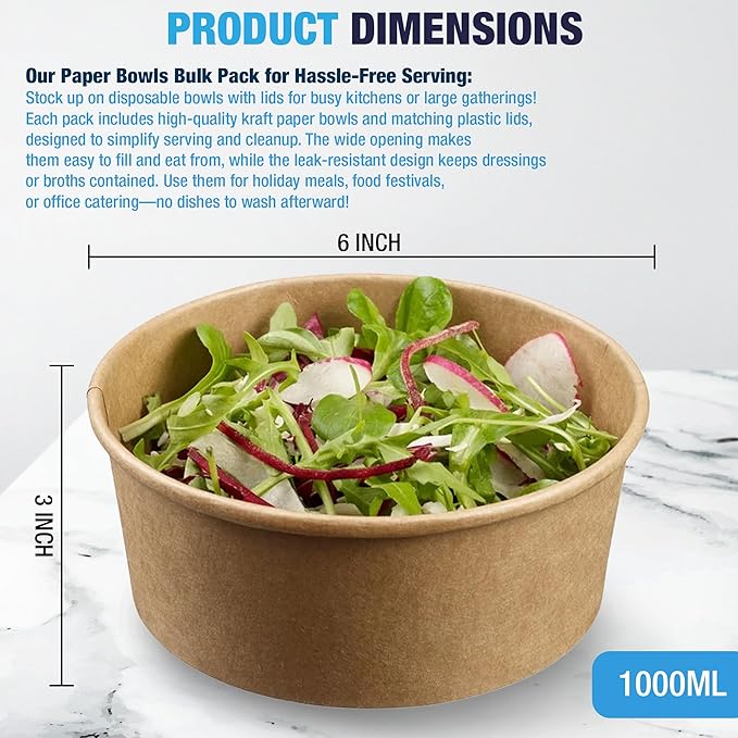 Ruthy's Outlet Kraft Salad Bowls W/Clear Lids – Disposable Paper Salad Containers, Eco-Friendly | Leak-Resistant | Microwave Safe – Ideal for Meal Prep, To-Go Orders & Catering (25, 32 oz)