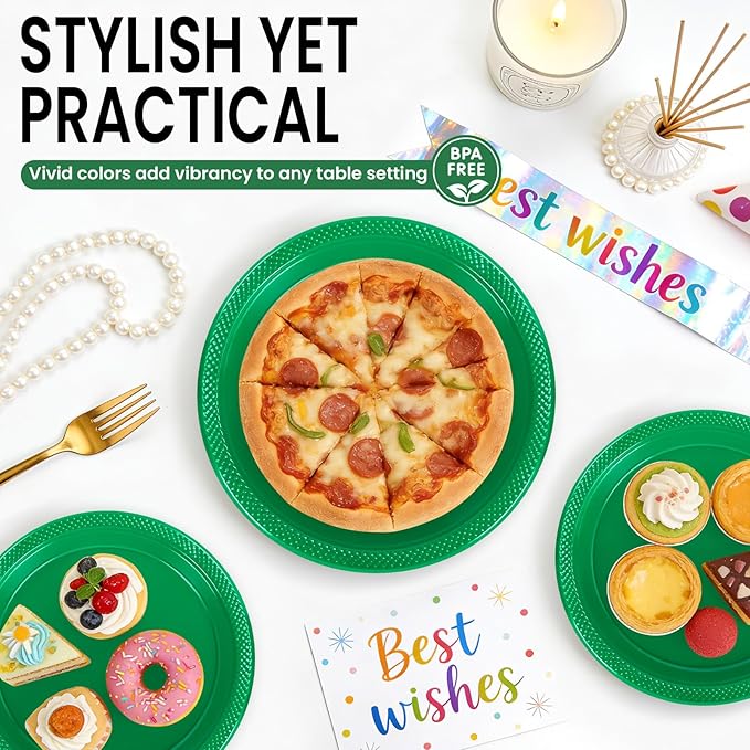LANLISA 50 Pcs Green Plastic Plates For Party, 25-9" & 25-7" Disposable Cake Dessert Plates For Birthday, St Patricks Day, Christmas Dinner