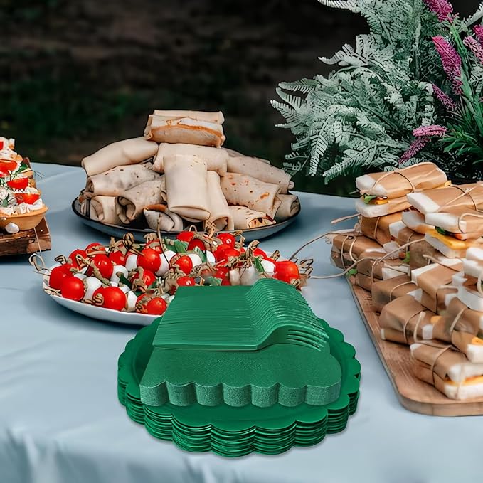 Dark Green Paper Plates and Napkins,7 Inch Dark Green Scalloped Disposable Dessert Plates Paper Napkin Fork Party Supplies for Wedding Baby Shower Birthday(25 Guest)