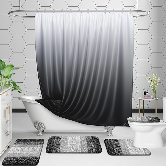 OLANLY Bathroom Rugs Sets 3 Piece, Soft Absorbent Microfiber Bath Mats and U-Shaped Contour Toilet Rug, Plush Shaggy Bath Mat Set for Bathroom (30"x20"+24"x16"+24"x20", Black)