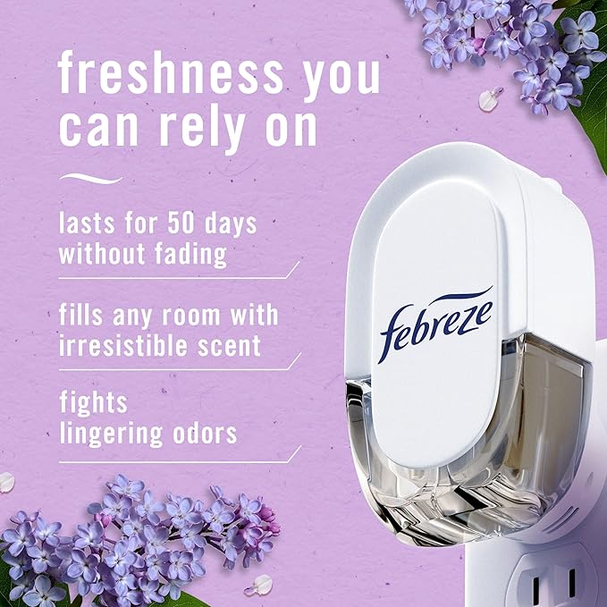 Febreze Plug In Air Freshener, Odor-Fighting Scented Oil Refill, Air Fresheners for Home and Bathroom and Kitchen, Long Lasting for Strong Odors, Lilac and Peach Scent, 0.87oz Refills, 4 Count
