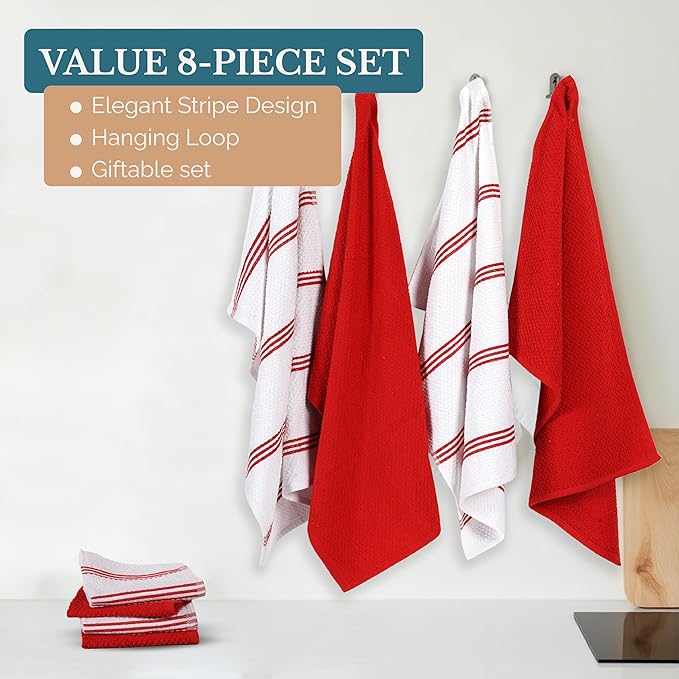 Casa Platino Kitchen Towel Set 8 Pc - 4 Dish Towels (16"x26") & 4 Dish Cloths for Washing Dishes (13"x13") - Cotton Rich, Absorbent, Quick Dry & Durable Kitchen Hand Towels for Wiping Dishes - Red.