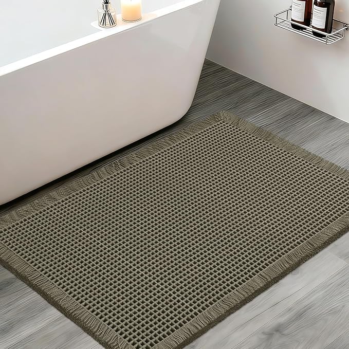 Upgraded Waffle Bath Mat, 36"x24" Greyish Green, Super Absorbent Non-Slip Quick Dry Bathroom Rugs with Tassels, Machine Washable Ultra Soft Boho Bath Rugs for Floor, Toilet Mats Boho Farmhouse Decor