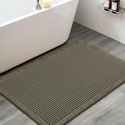 Upgraded Waffle Bath Mat, 36"x24" Greyish Green, Super Absorbent Non-Slip Quick Dry Bathroom Rugs with Tassels, Machine Washable Ultra Soft Boho Bath Rugs for Floor, Toilet Mats Boho Farmhouse Decor