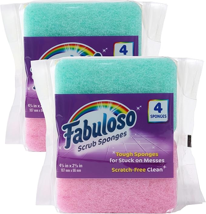 Fabuloso Scratch-Free Kitchen Dish Sponges, Rainbow Cellulose Scrubber Sponge with Scouring Pad for Dishes, Pots, Pans, Counters and Sinks, Tough on Messes, 4.25 x 2.75 x 1.25 in, 4 Count - 2 Pack