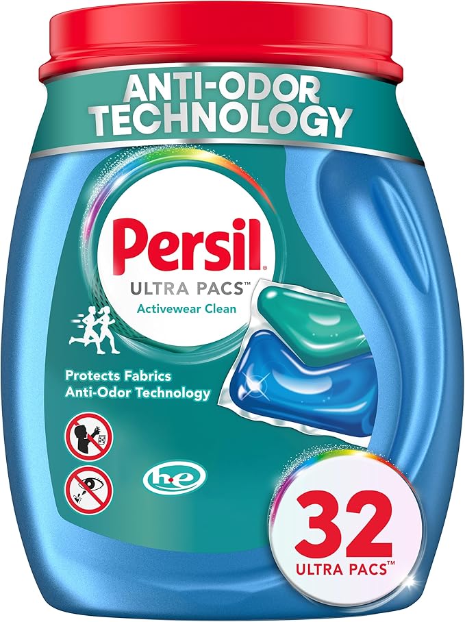Persil Ultra Pacs Activewear Clean Laundry Detergent, 32 Count, No Mess, Single-Dose Laundry Soap, Helps Fight Stains & Odor, All Machine Types