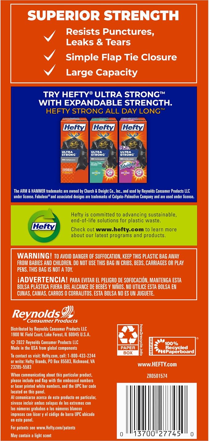 Hefty Easy Flaps Multipurpose Large Trash Bags, 30 Gallon, 40 Count (Pack of 6)