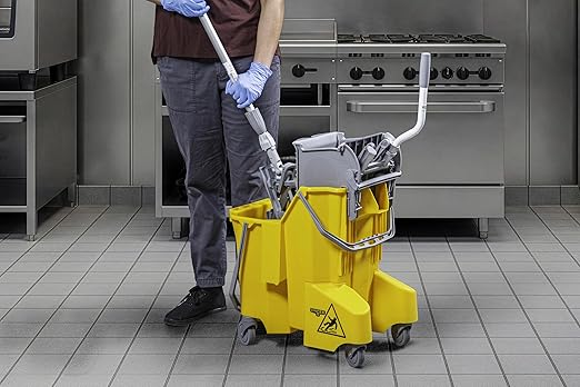 Unger Commercial 8-Gallon Dual-Compartment Mop Bucket with Side Press Wringer – Yellow, Ergonomic Design for Efficient Floor Cleaning COMBY