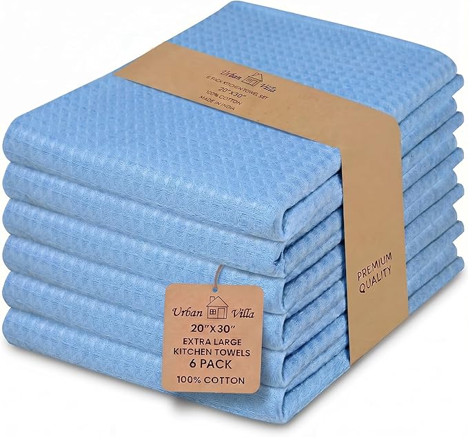 Urban Villa Kitchen Towels Waffle Dish Towels for Kitchen Sky Blue Color Set of 6 Over Sized 18x28 Inches Kitchen Towels Highly Absorbent 100% Cotton Kitchen Hand Tea Towels Dish Cloths