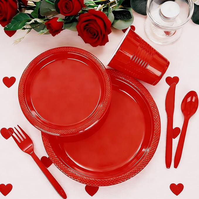 WELLIFE 210 PCS Red Plastic Plates for 30 Guests - Disposable Dinnerware Set Including Dinner Plates, Dessert Plates, 12oz Cups, Cutlery & Napkins, Red Disposable Plates for Valentines