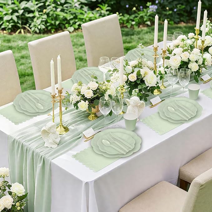 NatNarr 175 Pcs Sage Green Plates and Napkins Set, 25 Guest Sage Green Party Supplies Include Scalloped Paper Plate Napkin Cup Forks Knives Disposable Plastic Cutlery for Wedding Baby Shower Birthday