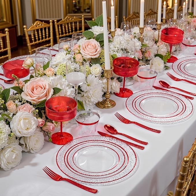 Ciaell 150 PCS Red Plastic Plates – Clear Hammered Disposable Plates with Red Rim include 50Plates, 25Forks, 25Knives, 25Spoons, 25Cups for Wedding & Party & Anniversary