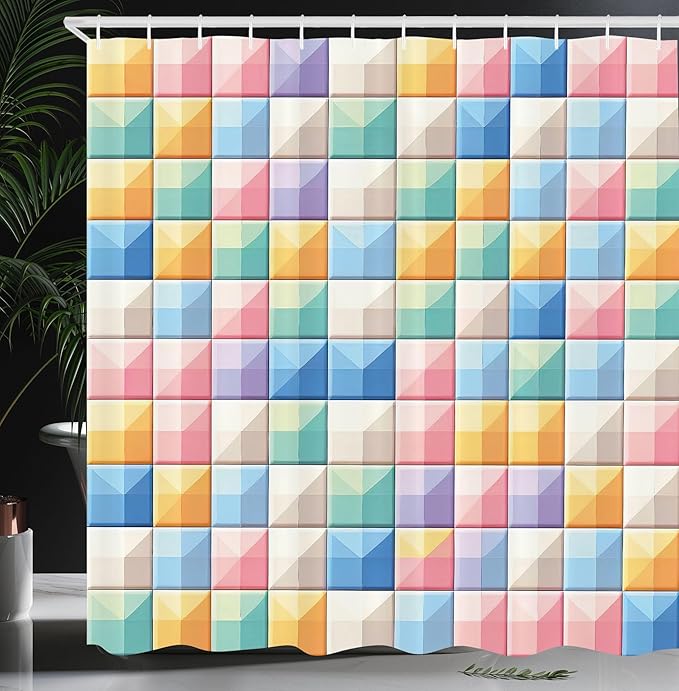 Ambesonne Colorful Shower Curtain, Modern Grid Design Checkered Pastel Tones with Futurist Line Details Colour Jumble, Cloth Fabric Bathroom Decor Set with Hooks, 69" W x 70" L, Multicolor