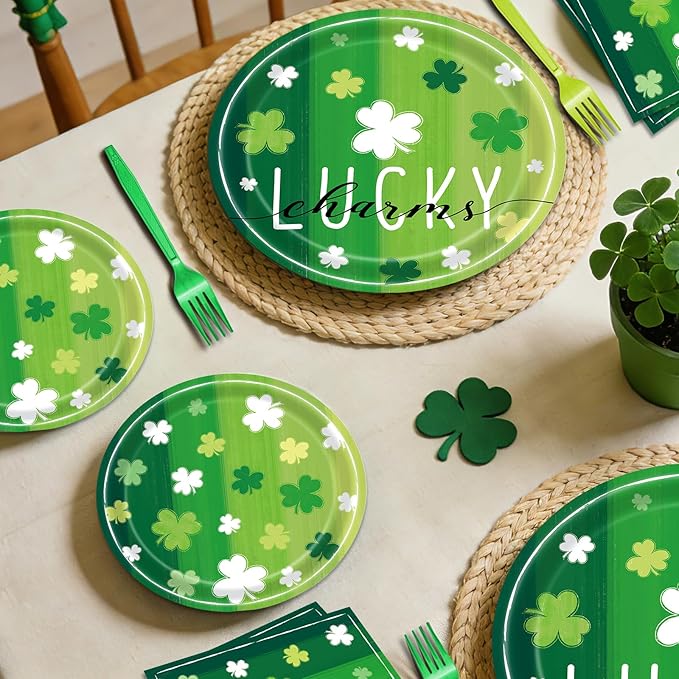 96 Pieces St. Patrick's Day Lucky Plates and Napkins Party Supplies, Vintage Green Shamrock Disposable Tableware with Paper Plates, Napkins, and Forks for Irish Festival Party Decorations - Serves 24