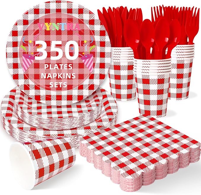 Vyntra 350 Pcs Red & White Checkered Gingham Paper Plates and Napkins Set for 50, 9" Dinner Plates & 7" Dessert Plate, BBQ Picnic 4th of July Birthday Party, Valentine’s Day