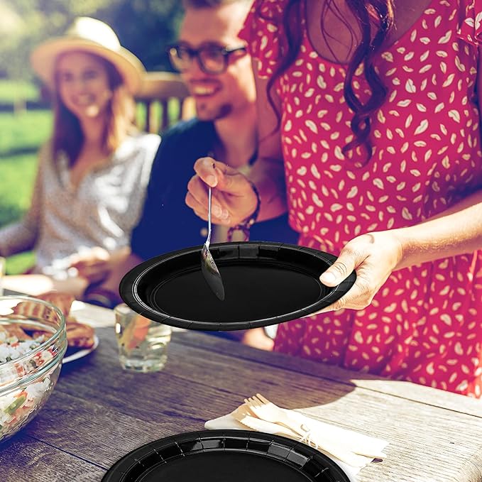50 Pieces of Paper Plates, Round Black Party Plates Pack, Disposable 9 Inches Paper Dinner Plates, Everyday Use Plates for Daily Meals Picnic Camping Birthday Christmas Thanksgiving Supplies