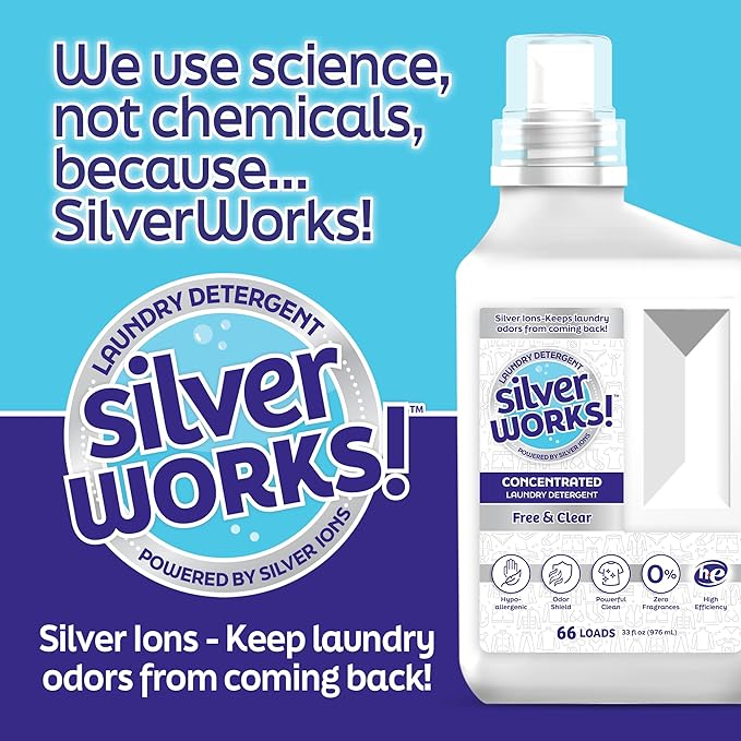 SilverWorks! Powerful Odor Eliminating Laundry Detergent Liquid, Silver Ion Deodorizer Technology, Laundry Odor Eliminator For Clothes, Cleans, Deodorizes & Protects - 33 fl oz, 66 Loads, Free & Clear