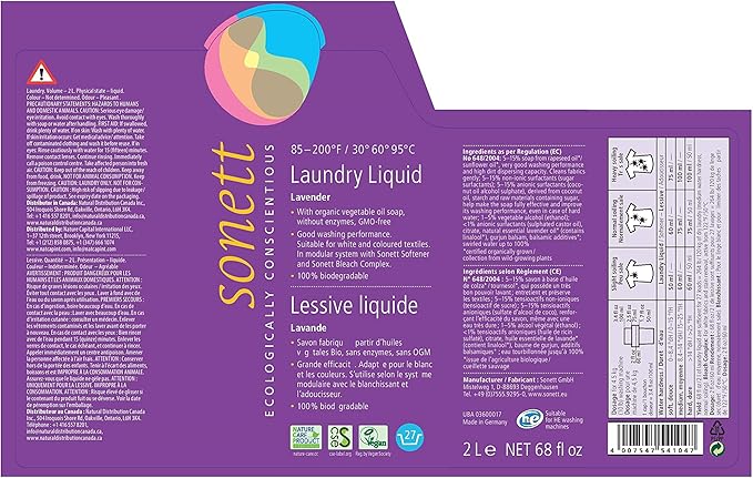 Sonett Organic Laundry Liquid Detergents Soap All Textiles (Lavender, 1 Count) Certified Organically Grown