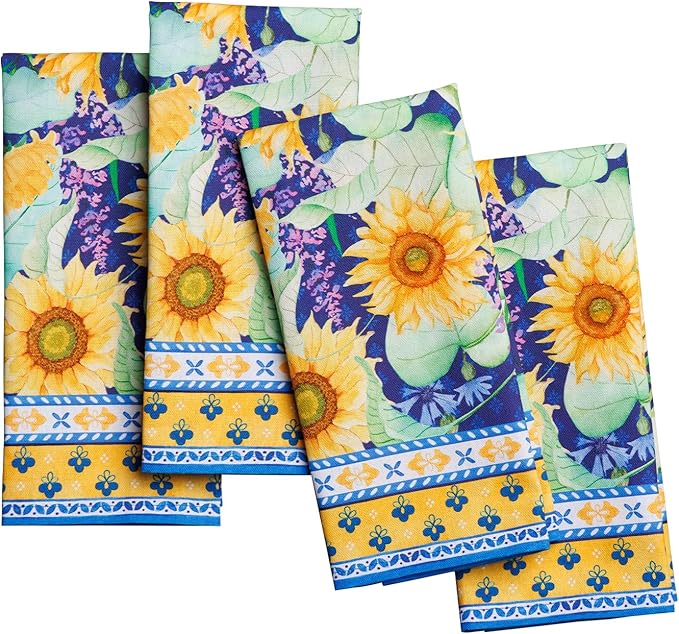 Maison d' Hermine 100% Cotton Cloth Napkins Set of 4 Everyday Reusable Square Napkins Cloth Washable Dinner Party Wedding Restaurant Hotel Kitchen Spring Summer (Sunflower Days, 18" x 18")