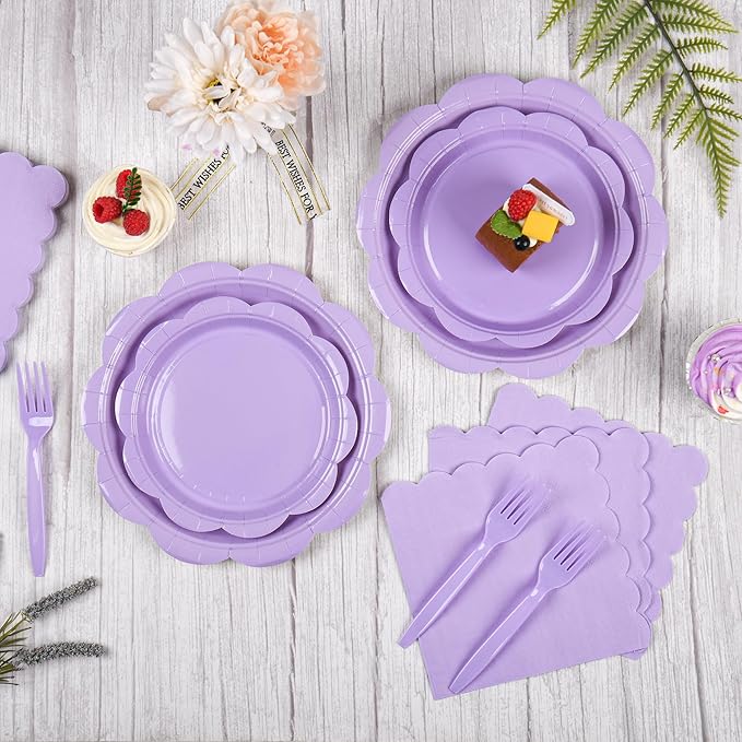 96 Pcs Lavender Paper Plates and Napkins Set Party Supplies, Light Purple Party Supplies for 24 Guest include Disposable Purple Scalloped Plates, Napkins and Forks for Baby Shower Easter Party Wedding