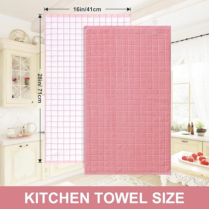 Homaxy Premium Cotton Kitchen Towels 16"x 28", Large Natural Ring Spun 390 GSM Dish Towels, Super Absorbent Terry Kitchen Hand Towels, Soft Tea Towels with Hanging Loop, Pink Check Design, 4 Pack