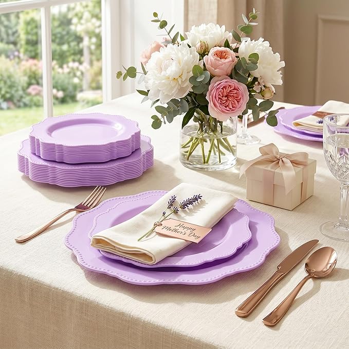 COLOSUS 60Pcs Lavender Purple Plastic Plates set,Heavy Duty Purple Disposable Plates include 30 Dinner plate 10.5” and 30 Salad/Dessert Plate 8.25” for Party and wedding