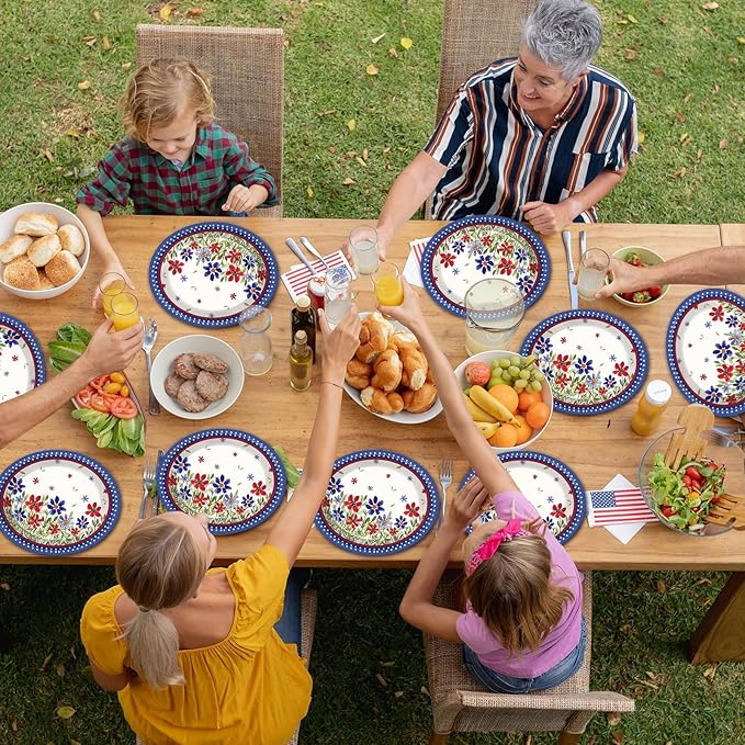 CHUNNIN 50 Pcs Memorial Day Oval Paper Plates Patriotic 4th of July Party Supplies Poppy Flower Summer Independence Day American Disposable Plates Floral Fourth of July Decorations