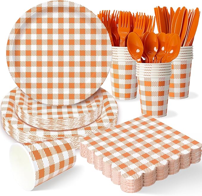 Vyntra Checkered Gingham Paper Plates and Napkins Set for 50" 9" Dinner Plates & 7" Dessert Plate, Birthday Party (Orange Gingham, 175 Pcs)