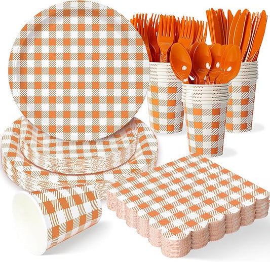Vyntra Checkered Gingham Paper Plates and Napkins Set for 50" 9" Dinner Plates & 7" Dessert Plate, Birthday Party (Orange Gingham, 175 Pcs)