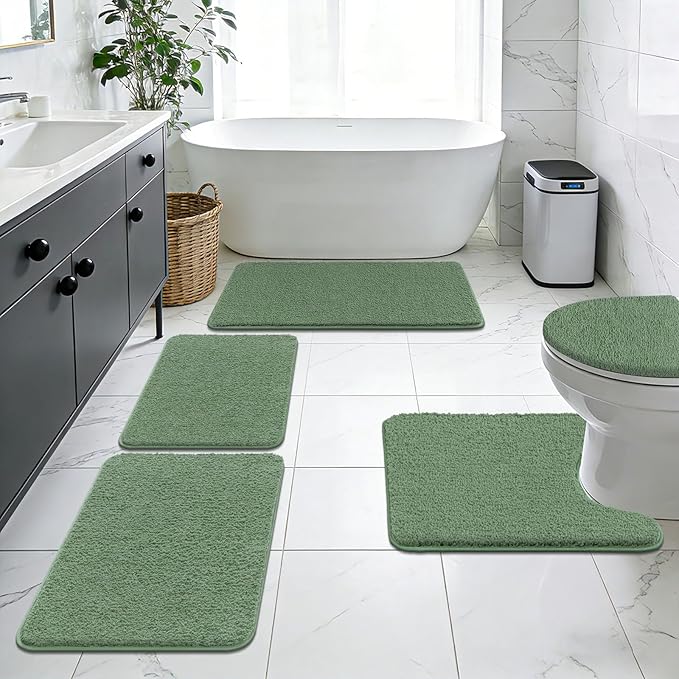 SHACOS Sage Green 5 Pieces Bathroom Rugs Set with Toilet Lid Cover Ultra Soft Absorbent Microfiber Bath Mat U Shape Contour Rug for Bathroom, Non Slip Machine Washable Bath Runner Rugs for Bedroom