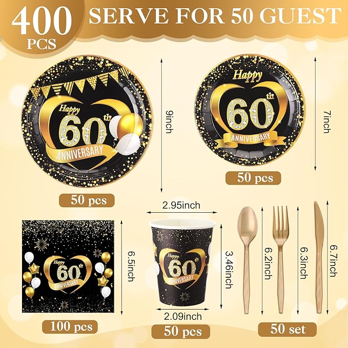 Pickmesh 400 Pcs 60th Wedding Anniversary Decorations Set, Includes 60th Anniversary Paper Plates and Napkins, Cups and Cutlery for Wedding Party Supplies, Serves 50 Guests
