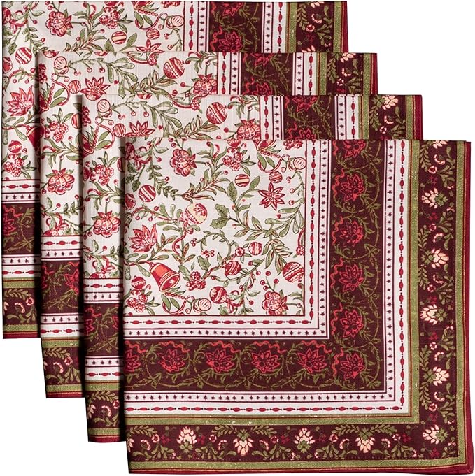 Maison d' Hermine Cloth Napkins Set of 4 100% Cotton for Thanksgiving Christmas Decorations Everyday Reusable Square Fall Napkins Cloth Washable Dinner Party (Reveillon Au Jardin, 20"x20")