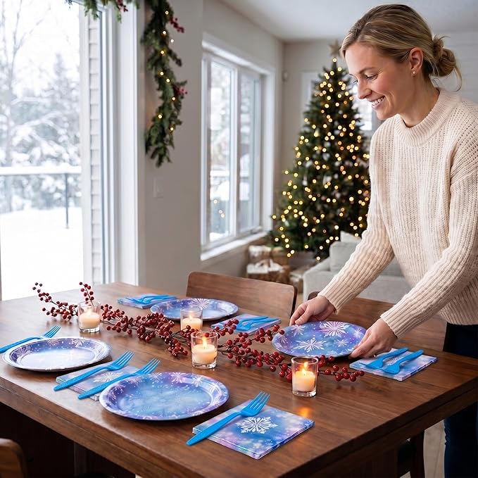100 Pcs Frozen Party Supplies for 25 Guests, Heavy-Duty 7" & 9" Paper Plates, 2-Ply 13" Napkins & Plastic Forks, Disposable Winter Snowflake Tableware Set for Christmas Holiday Party